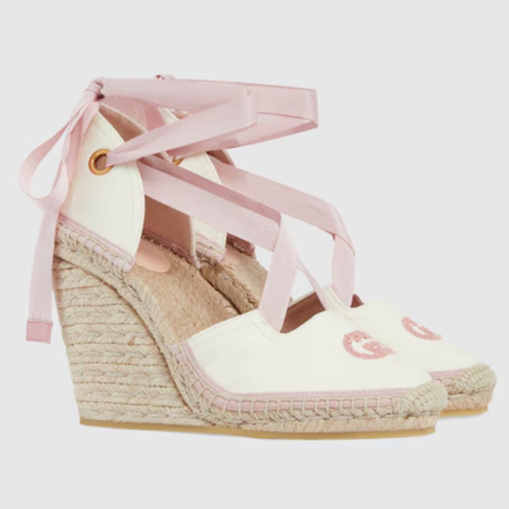 Gucci Canvas Ankle Wrap Espadrille Wedges
